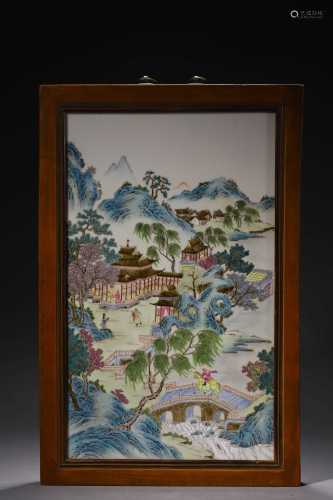 18世纪粉彩人物山水楼阁瓷板挂屏