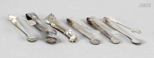 Six sugar tongs, 20th c., 3x silve