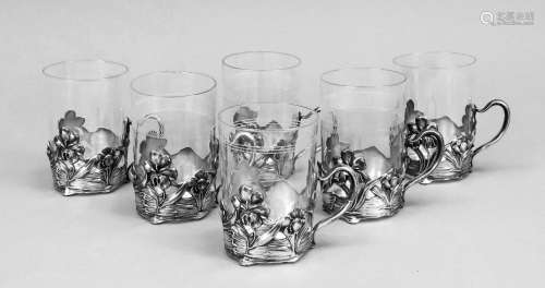 Six Art Nouveau tea glass holders,