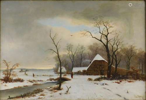 UNDEUTLICH SIGNIERT (XIX - XX). Winter, Bauernhof und Gracht...