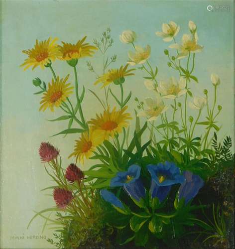 Minni HERZING (1883 - 1968). Blumenstillleben mit Enzian und...