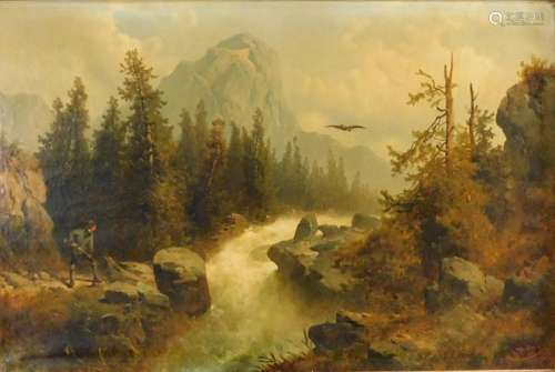 Josef THOMA (1828 - 1899). Jaeger am Wasserfall, Alpen.