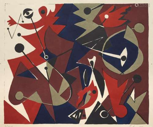 Nay, Ernst Wilhelm - - Komposition in Rot. 1951. Farblithogr...