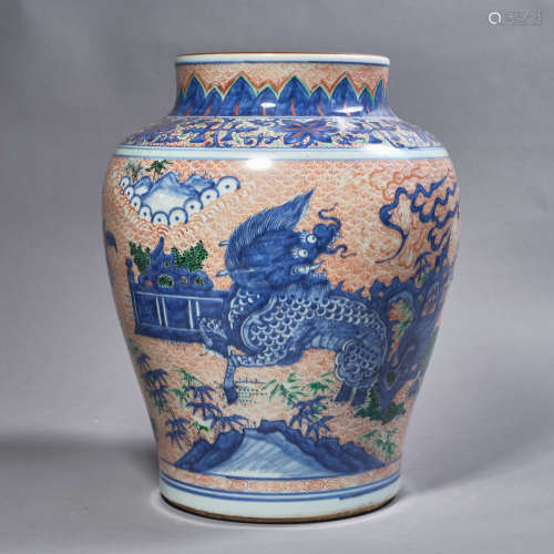A Chinese Porcelain Blue and White Qi Lin Jar