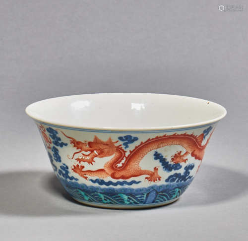 A Chinese Porcelain Blue and White
 Dragon Bowl
