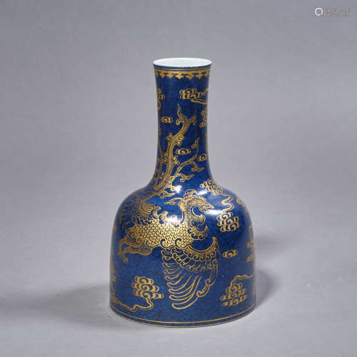 A Chinese Porcelain Blue-Glazed
 Gilt-Inlaid Vase