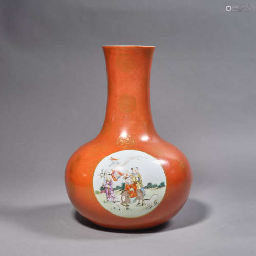 A Chinese Porcelain Coral
 Ground Gilt-Inlaid Vase