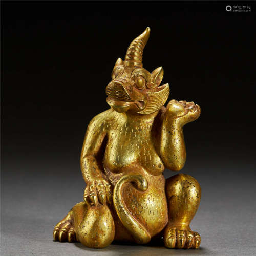 CHINESE GILT-BRONZE BEAST,TANG DYNASTY