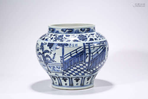 Blue and white wrapped flower branch figure landscape pot