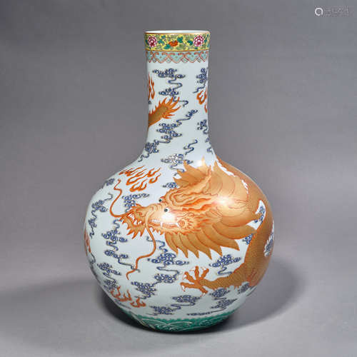 A Chinese Porcelain Red-Glazed
 Gilt-Inlaid Vase