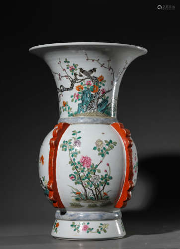 Large bottle with pink flower and bird pattern