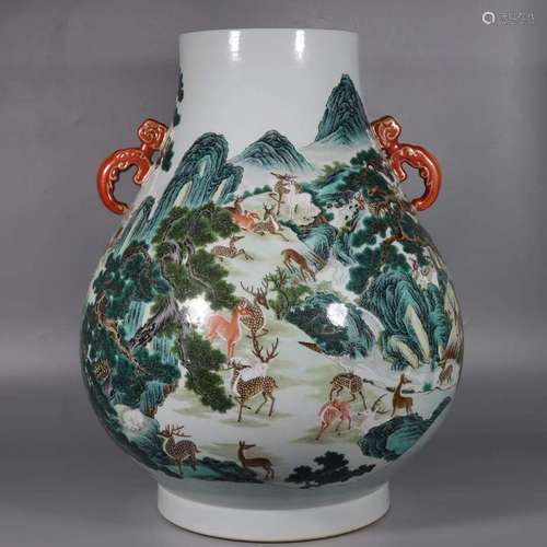 Pastel hundred deer statue made in the year of Qianlong in t...