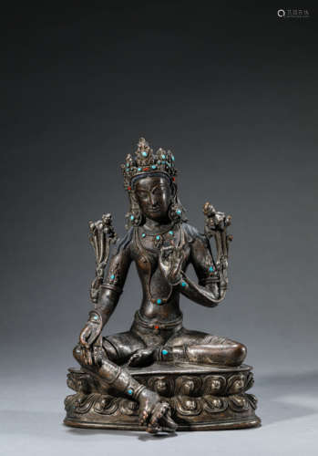 A Chinese Silver Gilding Green Tara Statue