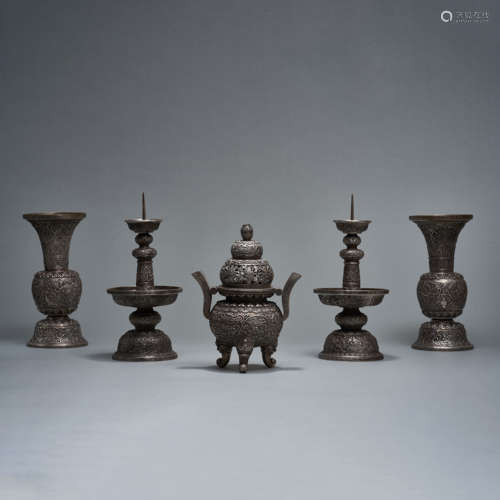 A group of exquisite sterling silver five offerings, Qing Dy...