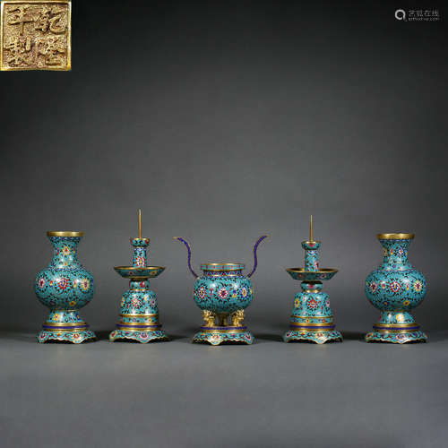 A set of cloisonne five incense burners