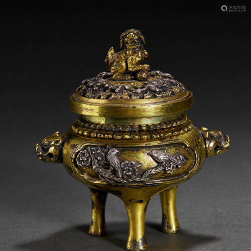 QING DYNASTY,SILVER-INLAID AND GILT-BRONZE TRIPOD CENSER