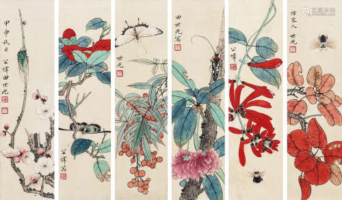 （1916-1999） 田世光  花鸟六扇屏风 纸本设色 镜芯
