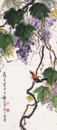 （1906-1985） 黄幻吾  葡萄小鸟 纸本设色 镜芯