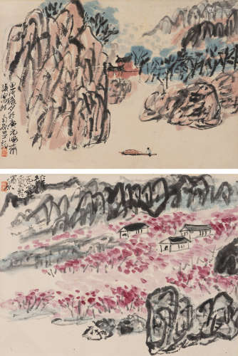 （1913-1976） 陈子庄 1964年作 山水二帧 纸本设色 镜芯