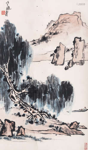 （1897-1971） 潘天寿 戊子（1948年）作 秋江泛舟图 纸本设色 立轴