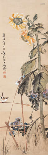 （1906-1985） 黄幻吾  菊花小鸟 纸本设色 立轴