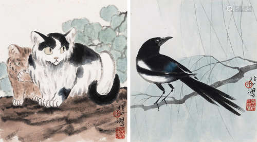 （1895-1953） 徐悲鸿  双猫·喜鹊二帧 纸本设色 镜芯