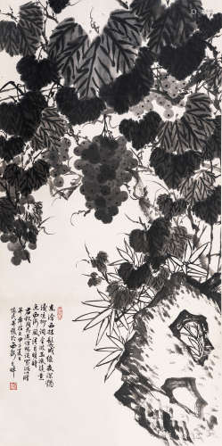 （1907-1996） 周怀民 甲子（1984年）作 墨葡萄 纸本水墨 立轴