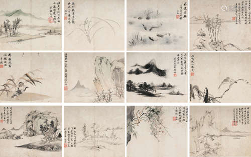 （1730-1802） 王文治*潘公寿 山水花卉十二开册 纸本设色 册页
