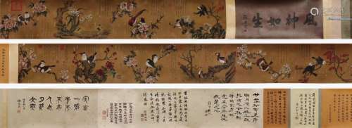 Chinese Flower and Bird Painting Silk Hand Scroll, Jiang Tin...