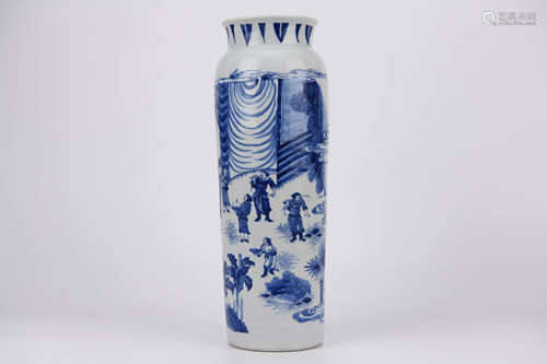 Blue and White Figure Rouleau Vase