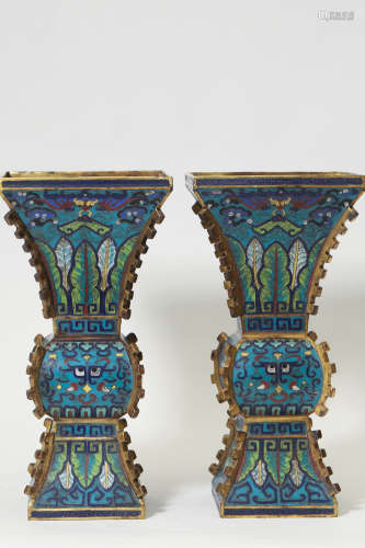Pair of Cloisonne Enamel Beaker Vases