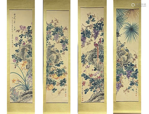 Four Chinese Flower and Bird Painting, Yan Bolong Mark