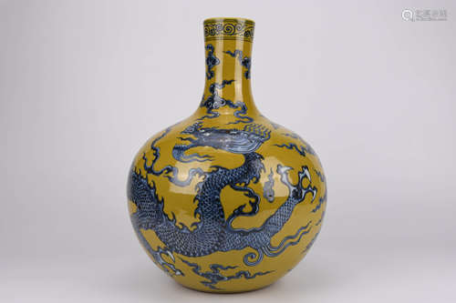 Yellow-Ground and Underglaze Blue Dragon Tianqiuping