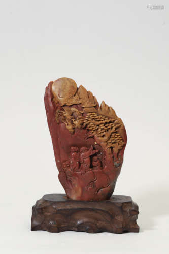 Carved Shoushan Stone Landscape and Figure Ornament