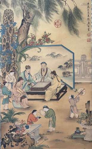 Chinese Figures Painting Silk, Tang Yin Mark