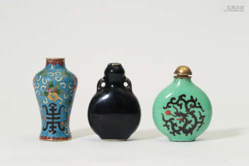 Set of Three Cloisonne Enamel and Porcelain Snuff Bottles