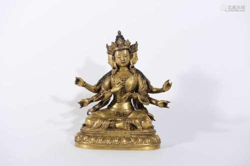 Gilt Bronze Figure of Four-Faced and Six-Armed Avalokitesvar...