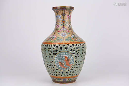 Famille Rose Openwork Carp Vase