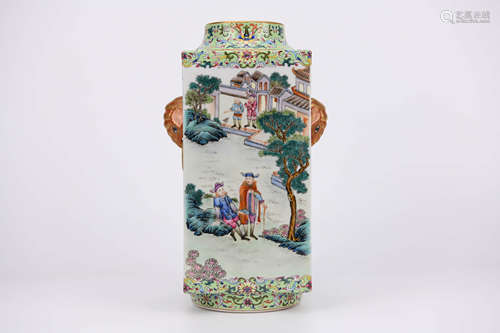 Famille Rose Landscape Square Vase