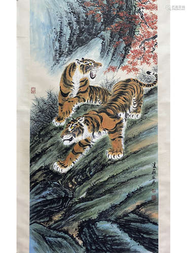 Chinese Tiger Group Painting, Mu Ling Mark