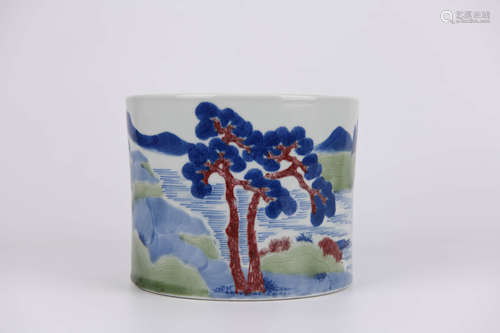 Polychromed Landscape Brush Pot