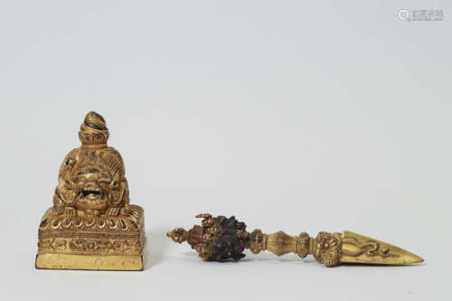 Set of Gilt Bronze Vajra and Buddhist Seal