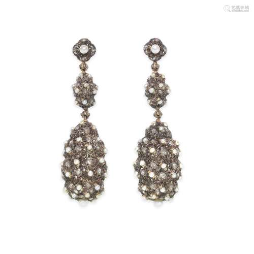 PROBABLY BY BUCCELLATI: PEARL AND DIAMOND PENDENT EARRINGS,