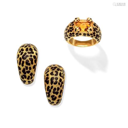 DIOR: LEOPARD ENAMEL AND CITRINE RING AND EARRINGS