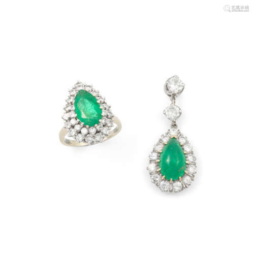 EMERALD AND DIAMOND CLUSTER RING AND ONE EARRING