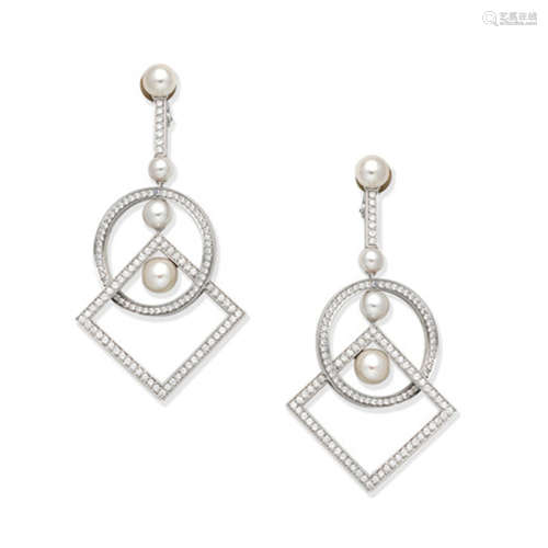 FRED: CULTURED PEARL AND DIAMOND PENDENT EARCLIPS