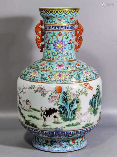 Qing Dynasty pastel Sanyang Kaitai double ear bottle