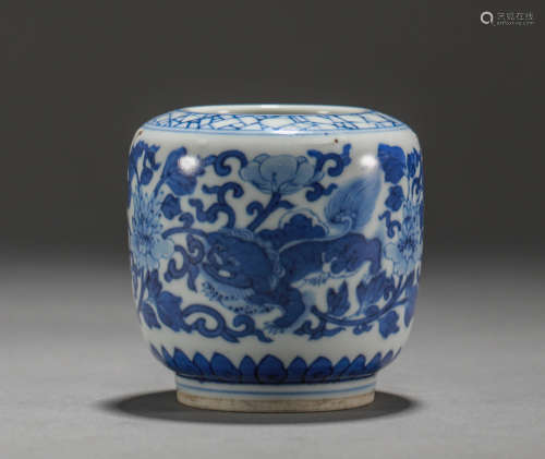 Qing Dynasty blue and white lion wearing flower water bowl