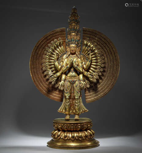 Bronze gilded thousand hand Guanyin statue in Qing Dynasty