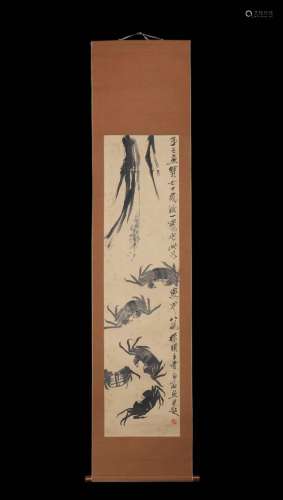 Qi Baishi crab picture old paper damask mounted vertical sha...